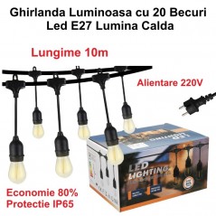 Ghirlanda Luminoasa 10 metri cu 20 Becuri Led E27 Lumina Calda, Alimentare 220V