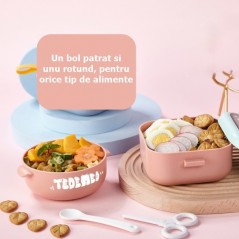 Caserola pentru copii, lunch box, 750 ml, doua boluri, lingura, foarfeca din plastic, rezistenta la scurgeri, Roz