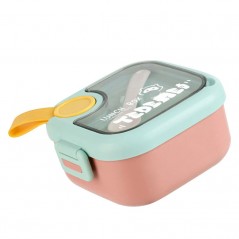 Caserola pentru copii, lunch box, 750 ml, doua boluri, lingura, foarfeca din plastic, rezistenta la scurgeri, Roz
