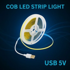 Banda Led Cob USB 5V, Lumina Alb-Rece 6500K, 6W/ml, 300led/ml, RA80, Interior IP20 - 5m/Rola