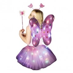 Costum Fluturas cu Aripi Modelabile Luminoase pentru Copii, Fusta din Tul cu Lumini, Bagheta si Bentita, 4 piese, Halloween,Roz