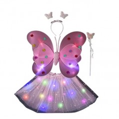 Costum Fluturas cu Aripi Modelabile Luminoase pentru Copii, Fusta din Tul cu Lumini, Bagheta si Bentita, 4 piese, Halloween,Roz