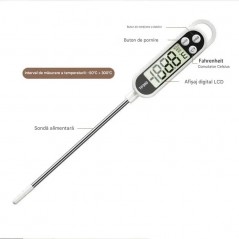 Termometru digital alimentar de inserție cu tija, afișaj LCD și 3 butoane – măsurare -50 °C până la +300 °C
