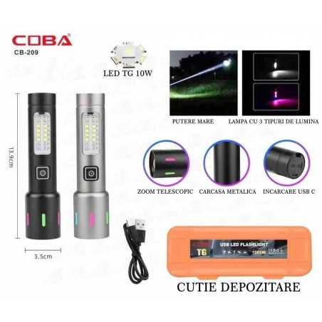 Lanternă de mana COBA CB-209 – LED TG 10W, USB-C, acumulator Li-Ion, incarcare USB