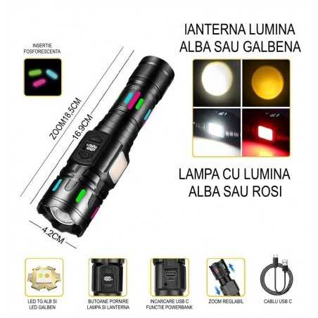 Lanternă LED Laser TG Puternică 2 în 1 W-925, Zoom Reglabil, Acumulator 18650, Inserții Fosforescente, Magnetică