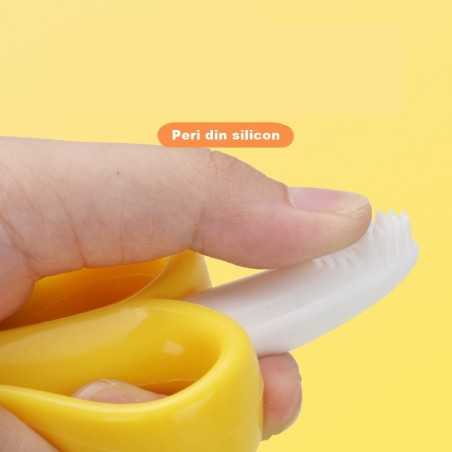 Jucarie dentitie bebelusi, banana, cu manere de prindere, material silicon non-toxic, fara miros