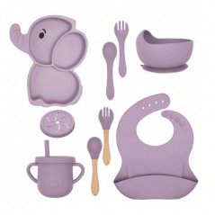 Set 10 Piese Servire Masa, Bebelusi si Copii, din Silicon/Lemn, cu Ventuze Anti-alunecare, +6 Luni, Model Elefant, Mov