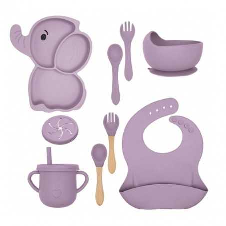 Set 10 Piese Servire Masa, Bebelusi si Copii, din Silicon/Lemn, cu Ventuze Anti-alunecare, +6 Luni, Model Elefant, Mov