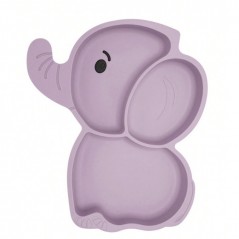 Set 10 Piese Servire Masa, Bebelusi si Copii, din Silicon/Lemn, cu Ventuze Anti-alunecare, +6 Luni, Model Elefant, Mov