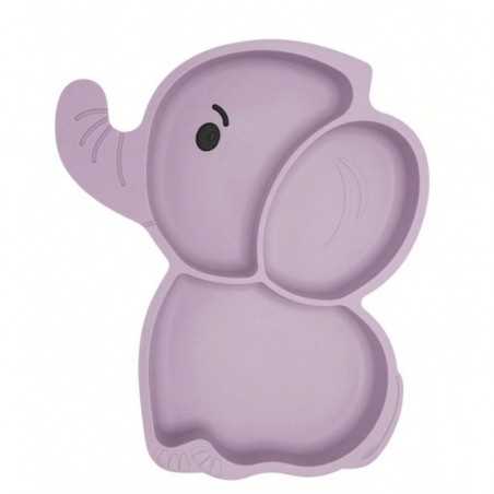 Set 10 Piese Servire Masa, Bebelusi si Copii, din Silicon/Lemn, cu Ventuze Anti-alunecare, +6 Luni, Model Elefant, Mov