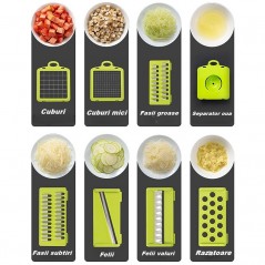 Feliator Multifunctional, Razatoare 8 in 1, pentru Fructe si Legume, 10 Piese, Recipient Stocare,Protectie Mana, ABS Verde/Alb