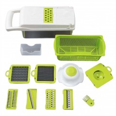 Feliator Multifunctional, Razatoare 8 in 1, pentru Fructe si Legume, 10 Piese, Recipient Stocare,Protectie Mana, ABS Verde/Alb