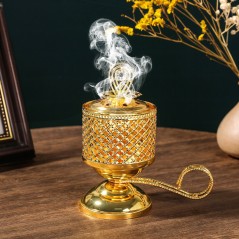 Arzator de Tamaie cu Carbune, Metal Auriu, Stil Orientul Mijlociu, Portabil, cu Capac Anti Cenusa, 14 x 6.5 cm, Auriu