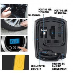Compresor Auto Portabil Lanterna si Afisaj Electronic DC 12V, 120W Pompa Biciclete, Moto, Mingi, Saltele, Max 10.3bar