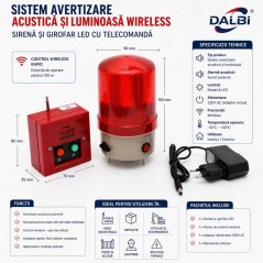 Sistem avertizare acustica si luminoasa, sirena si girofar LED cu telecomanda wireless