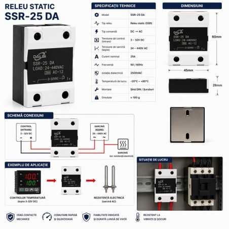 Releu Static SSR-25 DA 25A 24-440V AC Control 3-32V DC