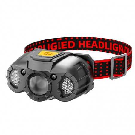 Lanterna LED de Cap, cu Suport Inclus, Incarcare USB Tip C, Raza 100-200m, 5W, 6 Trepte de Lumina, 400 mAh, Gri