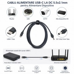 Cablu Alimentare USB-C Tata la DC 5.5x2.1mm pentru Router, LED si CCTV 2m