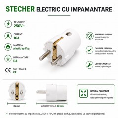 Stecher Electric 16A 250V cu Impamantare si Iesire Laterala