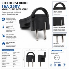 Stecher Schuko 16A 250V Negru cu Inel Tragere Profil Redus