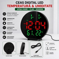 Ceas Digital LED Rotund 26cm Rosu-Verde cu Telecomanda, Temperatura si Umiditate 3813L