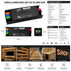 Sursa Alimentare LED 12V 60W 5A Slim cu Conectare Rapida Push-In, Carcasa Aluminiu
