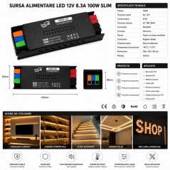 Sursa Alimentare LED 12V 100W 8.3A Slim cu Conectare Rapida Push-In, Carcasa Aluminiu