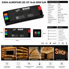 Sursa Alimentare LED 12V 200W 16.6A Slim cu Conectare Rapida Push-In, Carcasa Aluminiu