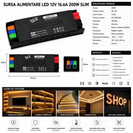 Sursa Alimentare LED 12V 200W 16.6A Slim cu Conectare Rapida Push-In, Carcasa Aluminiu