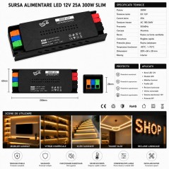 Sursa Alimentare LED 12V 300W 25A Slim cu Conectare Rapida Push-In, Carcasa Aluminiu