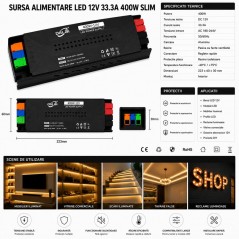 Sursa Alimentare LED 12V 400W 33.3A Slim cu Conectare Rapida Push-In, Carcasa Aluminiu