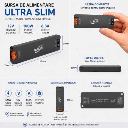 Sursa Alimentare LED 12V 100W 8.3A Ultra Slim 13mm