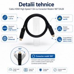 Cablu HDMI High Speed 1.5m cu Conectori Rotativi 180°