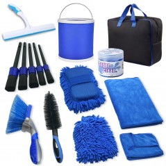 Set 15 Accesorii pentru Curatare Auto, din PP si Microfibra, Interior/Exterior, 30 x 24 x 12 cm, Albastru/Negru