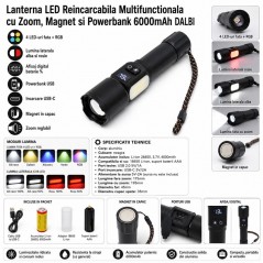 Lanterna LED Reincarcabila 4 LED-uri 6000mAh cu Powerbank, Magnet si Zoom