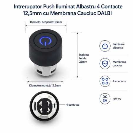Intrerupator Push Iluminat Albastru 4 Contacte 12,5mm cu Membrana Cauciuc