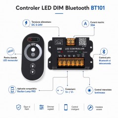 Controler LED DIM 5-24V 30A Bluetooth pentru Banda LED Monocolor BT101