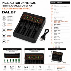 Incarcator Universal pentru Acumulatori Li-ion 4 Sloturi 18650 USB Type-C
