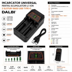 Incarcator Universal pentru Acumulatori Li-ion 2 Sloturi 18650 USB Type-C