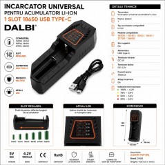 Incarcator Universal pentru Acumulatori Li-ion 1 Slot 18650 USB Type-C