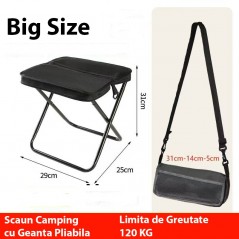 Scaun Taburet Pliabil Camping, pentru Adulti, Scaun Portabil, Pescuit, din Panza Oxford si Cadru Metalic,31 x 29 x 25 cm, Negru