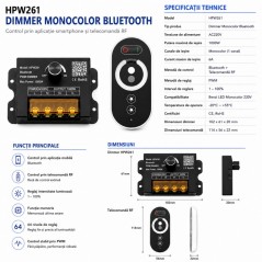 Controler Banda LED Monocolor 220V 1000W Bluetooth cu Telecomanda RF si Reglaj Manual HPW251