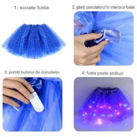 Fusta LED pentru Copii, Tutu de Balet pentru Fetite cu Luminite Multicolore Incorporate, Model Stelute, 30 cm Lungime, Albastru