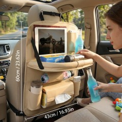 Organizator Spate Scaun Auto, Masa Pliabila, Piele Ecologica, Impermeabil, Suport pentru Tableta, Bej
