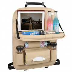 Organizator Spate Scaun Auto, Masa Pliabila, Piele Ecologica, Impermeabil, Suport pentru Tableta, Bej
