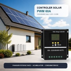 Controler Incarcare Solara PWM 60A, 12/24/36/48V Auto, LCD si 2 USB
