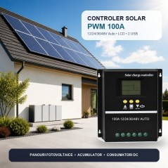 Controler Incarcare Solara PWM 100A, 12/24/36/48V Auto, LCD si 2 USB