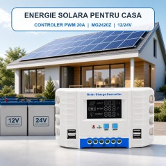 Controler Incarcare Solara PWM 20A, 12/24V Auto, LCD si 4 USB, MG2420Z