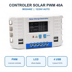 Controler Incarcare Solara PWM 40A, 12/24V Auto, LCD si 4 USB, MG2440Z