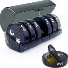 Cutie Depozitare Medicamente, 7 Zile, 14 Compartimente, Cutie Suport, Recipiente Detasabile, Portabila, Negru, 17.5x11x9.5 cm